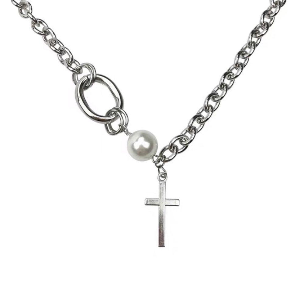 Cross Pearl Silver Chain Necklace - Picture 2 of 11